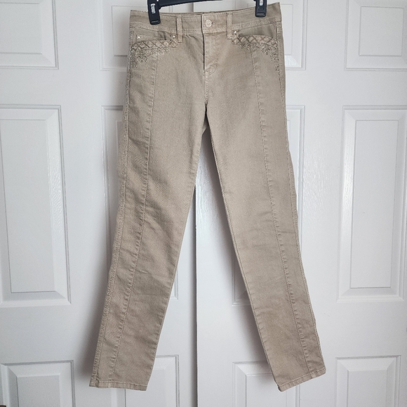 WHBM Blanc Tan Embroidered Slim Leg Four Pocket Women's Pants Size 2 - Picture 1 of 9